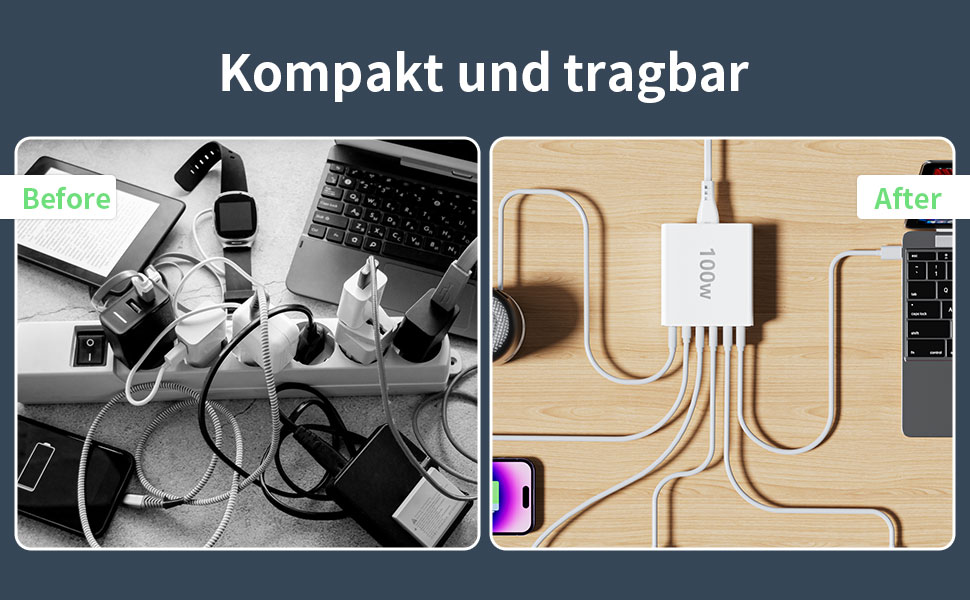 Before and after images of cable management. Left shows tangled cords, right shows a compact multi-port charging hub with organized cables on a desk.