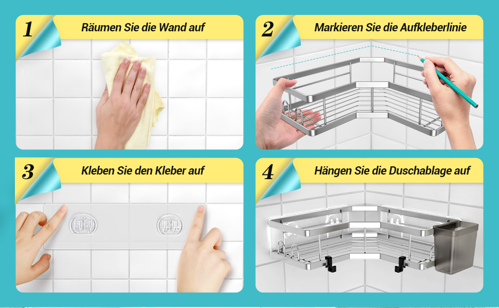 Four-panel instruction guide for installing a shower caddy. Shows cleaning wall, marking adhesive line, applying adhesive, and hanging the caddy.