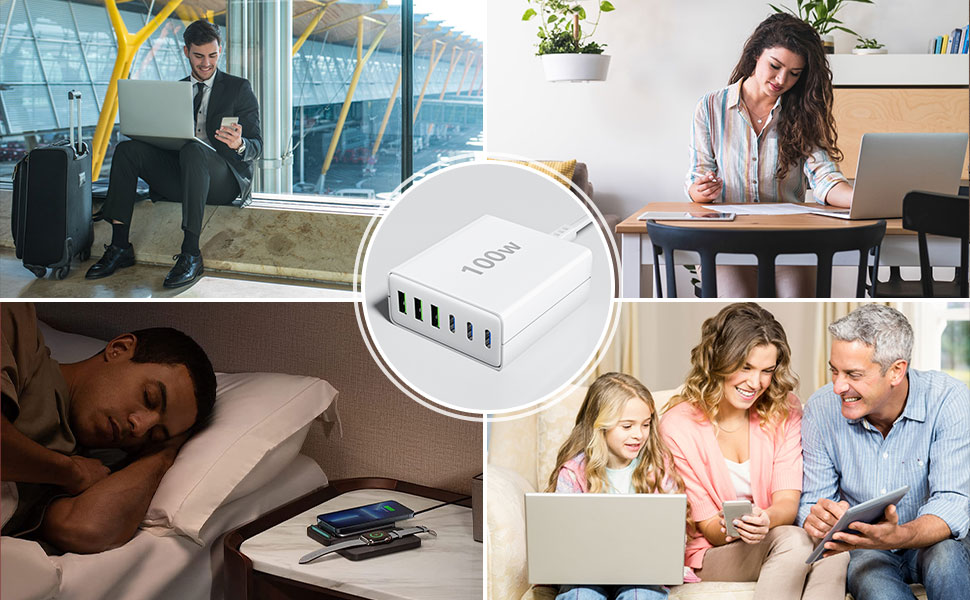 White multi-port USB charger with six ports, surrounded by images of people using electronic devices in various settings.