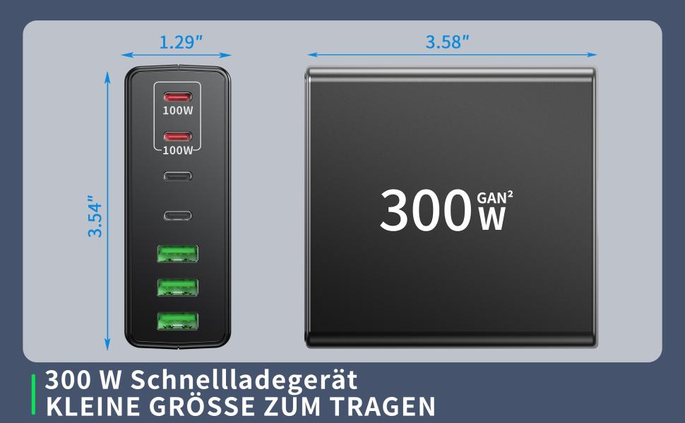 Compact 300W fast charging device with multiple ports. Dimensions shown: 3.54" height, 3.58" width, 1.29" depth. Features LED display.