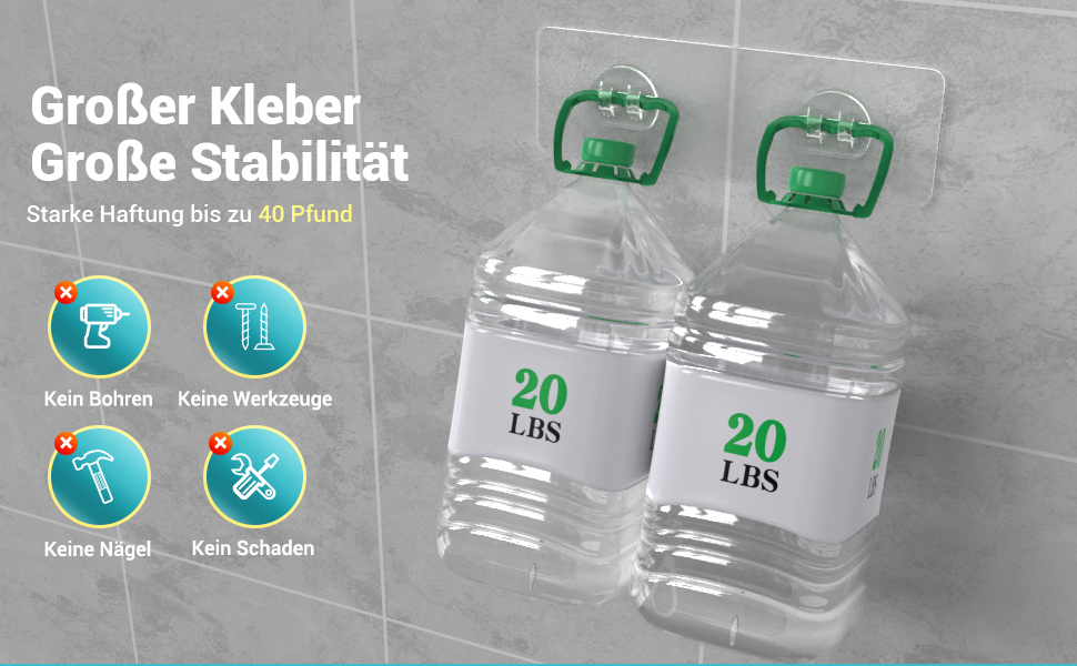 Two clear plastic hooks holding 20 LBS water jugs. Product features include strong adhesive, no drilling, no tools, and no damage to surfaces.
