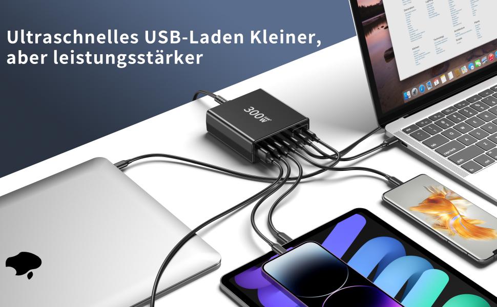Multi-port USB charger connected to various devices including a laptop, smartphone, and tablet. German text indicates fast USB charging. Black charger with multiple cables visible.