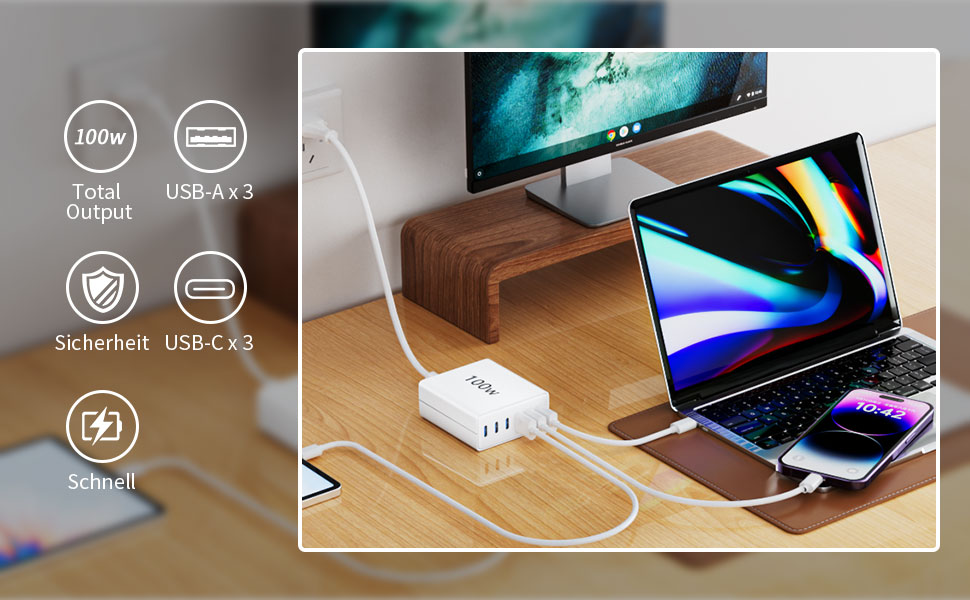 USB hub setup on wooden desk showing connected laptops and monitor with wooden stand. Interface icons indicate multiple USB and charging capabilities.